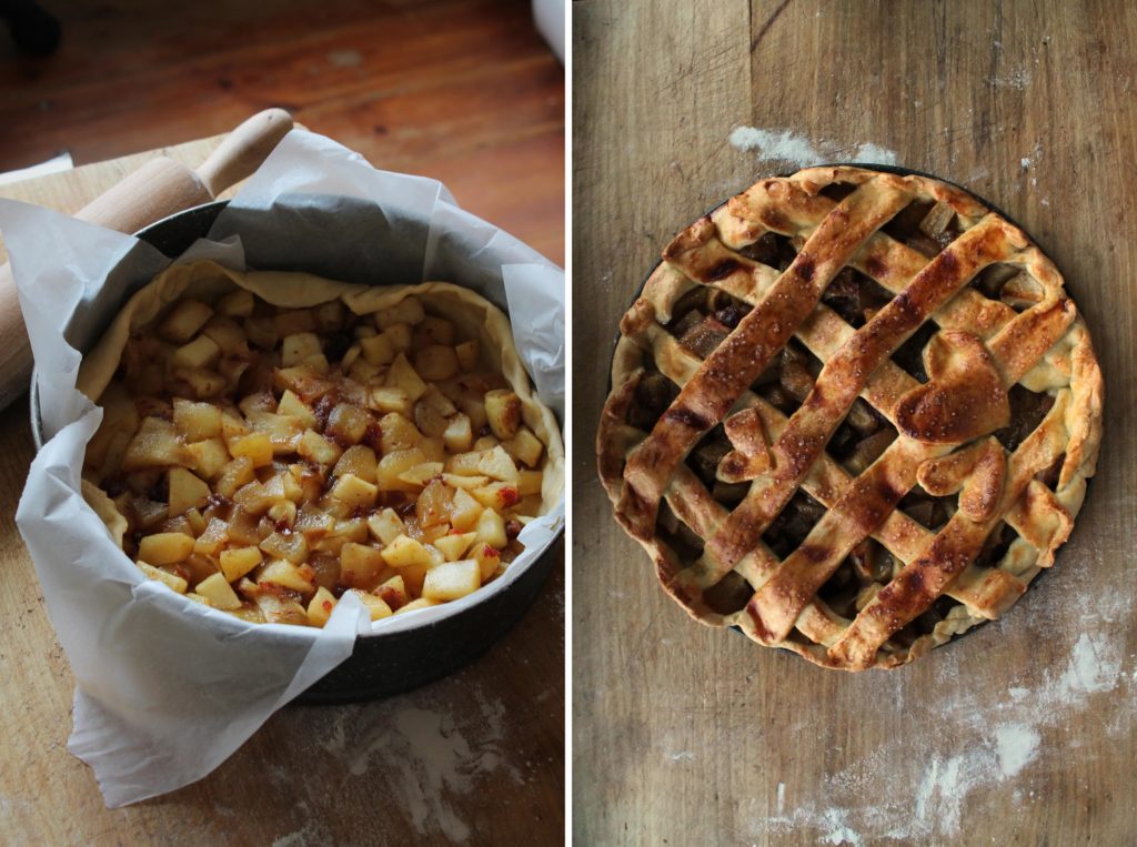 Dwa zdjęcia. Po lewej ciasto z nadzieniem z jabłkek i daktyli, po prawej już upieczone.